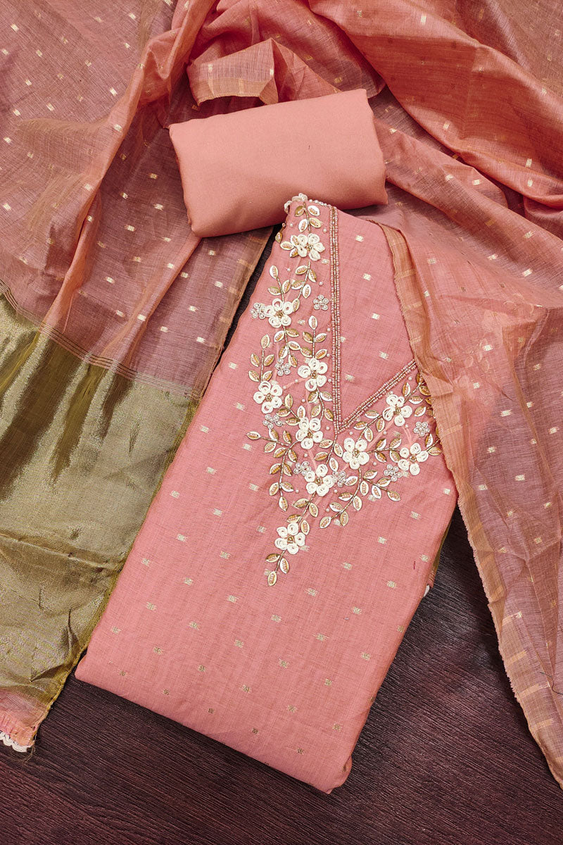 Banarasi Cotton Peach Excellent Hand Work Salwar Suit