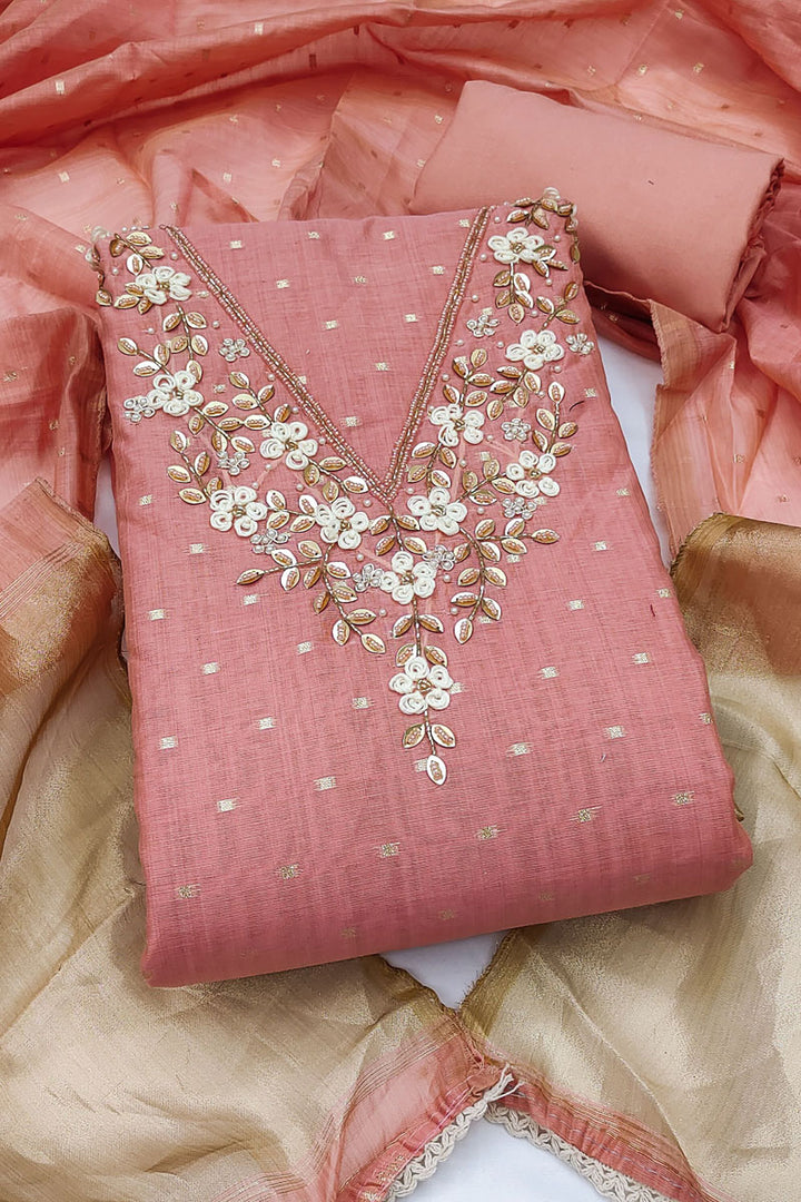 Banarasi Cotton Peach Excellent Hand Work Salwar Suit