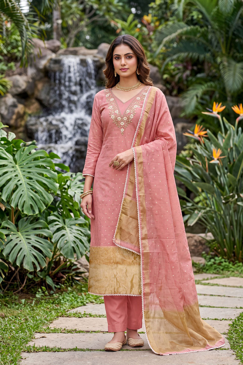 Banarasi Cotton Peach Excellent Hand Work Salwar Suit