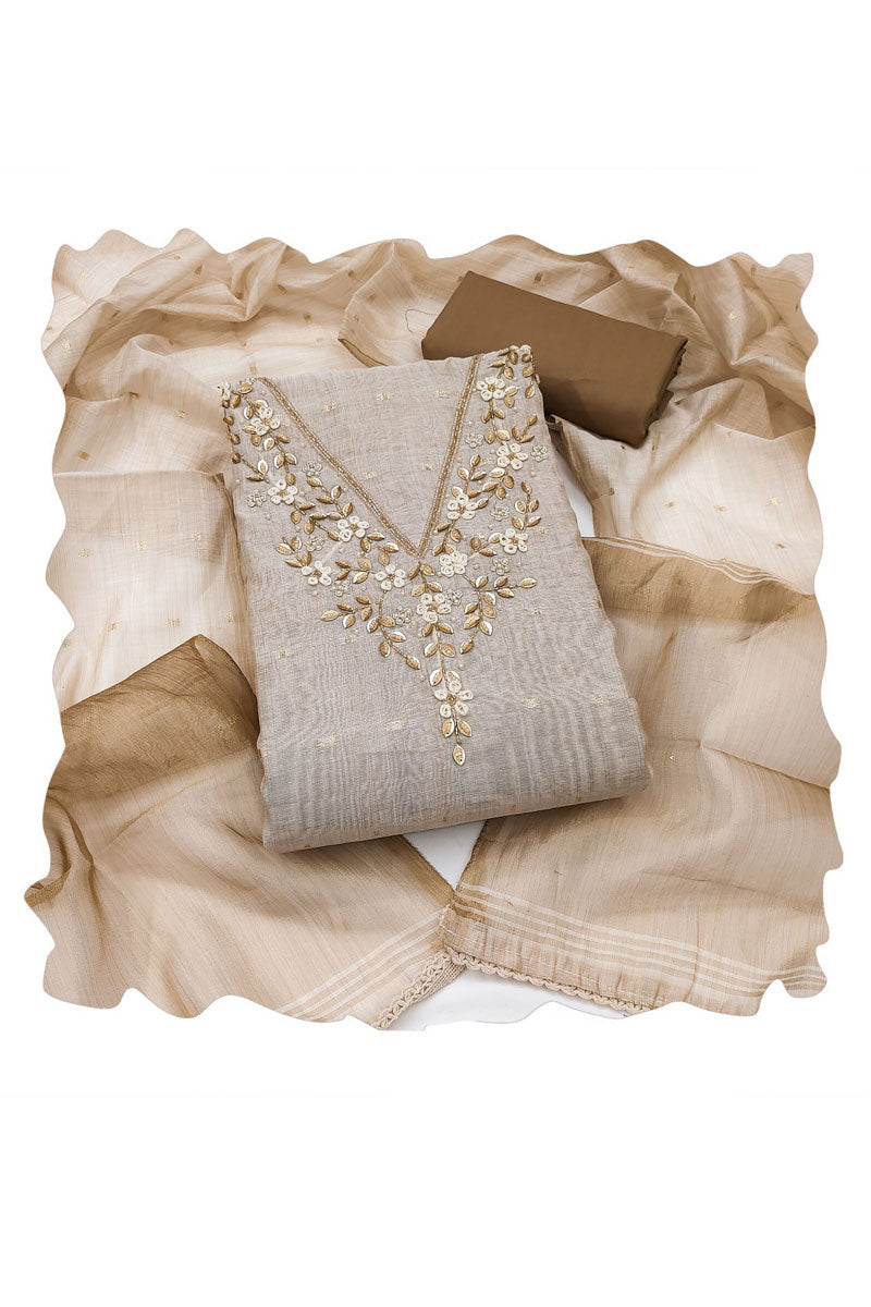 Hand Work On Brown Banarasi Cotton Salwar Suit