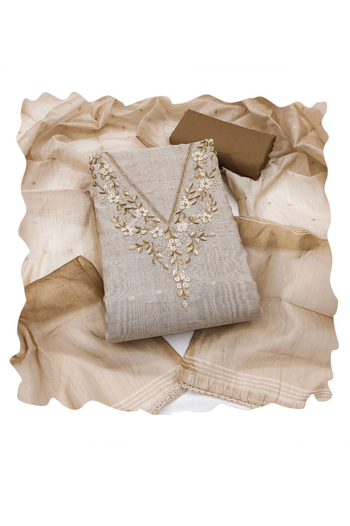 Hand Work On Brown Banarasi Cotton Salwar Suit