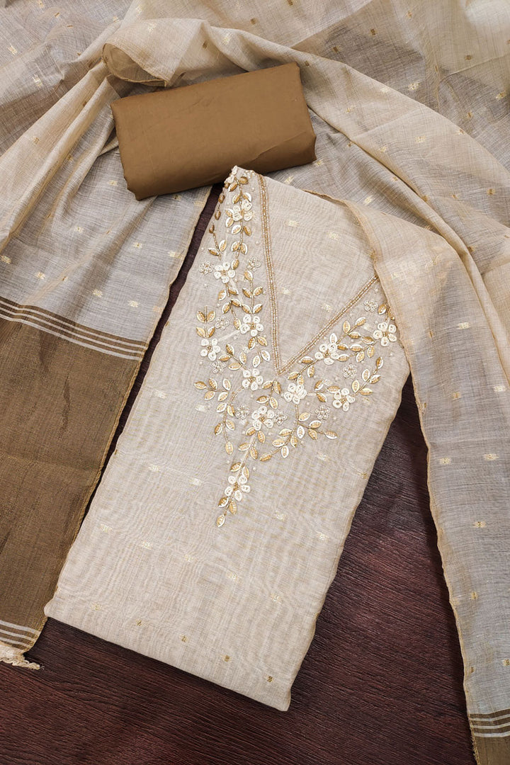 Hand Work On Brown Banarasi Cotton Salwar Suit
