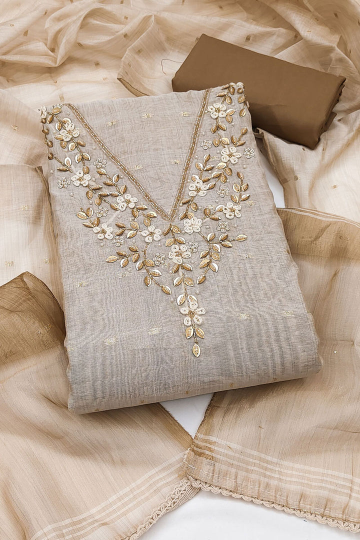 Hand Work On Brown Banarasi Cotton Salwar Suit