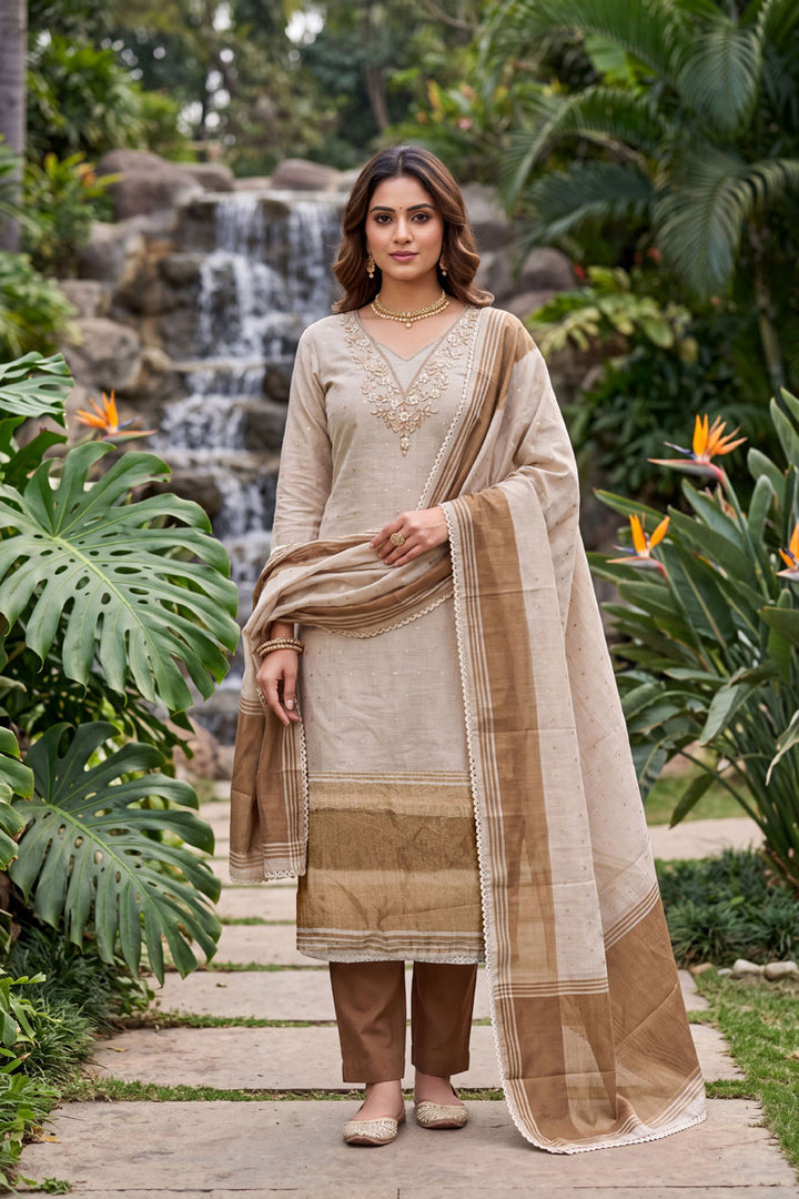 Hand Work On Brown Banarasi Cotton Salwar Suit