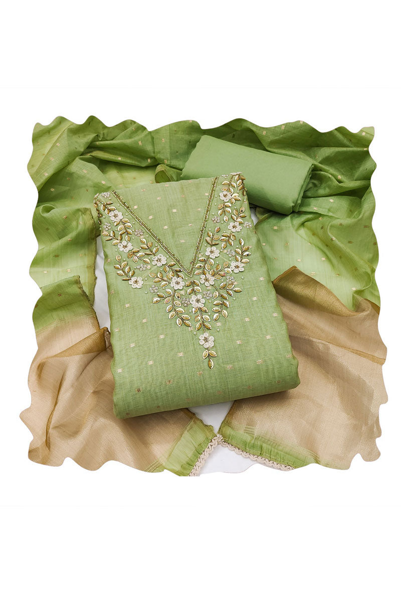 Festive Style Banarasi Cotton Green Salwar Suit With Hand Work