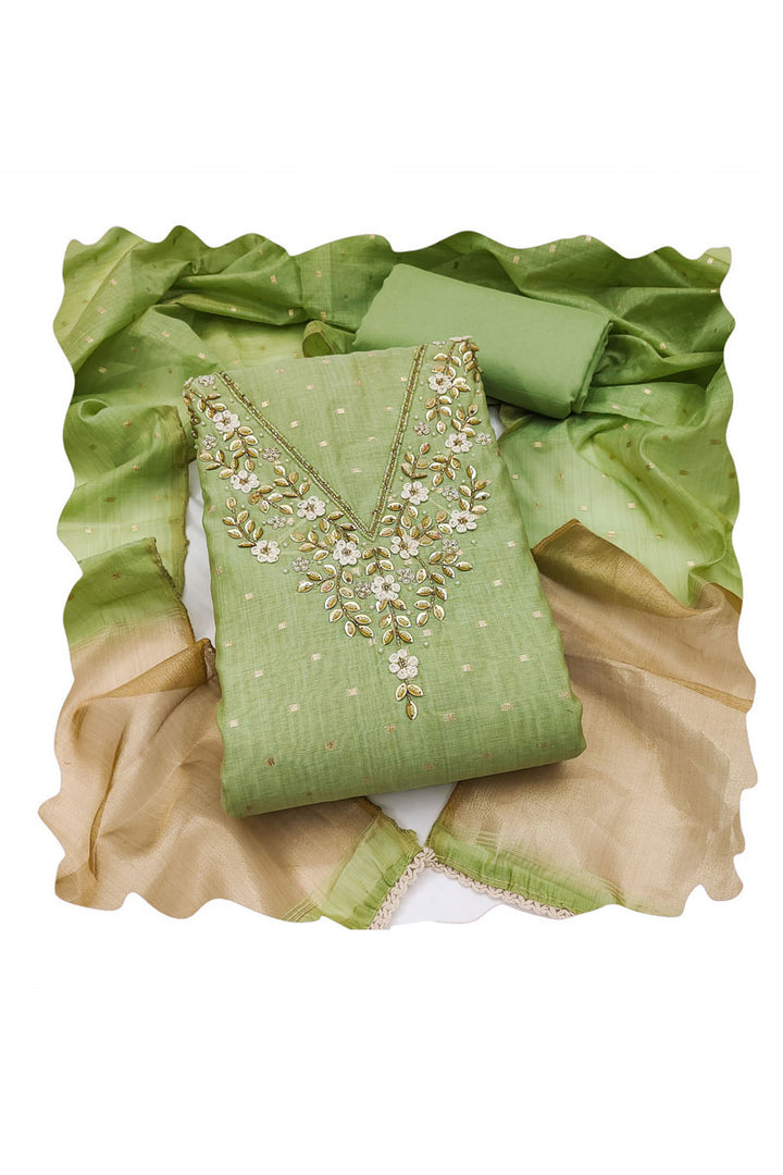 Festive Style Banarasi Cotton Green Salwar Suit With Hand Work