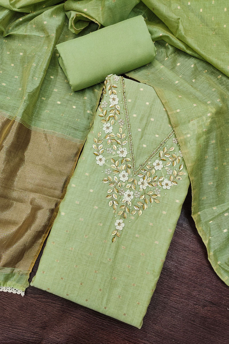Festive Style Banarasi Cotton Green Salwar Suit With Hand Work