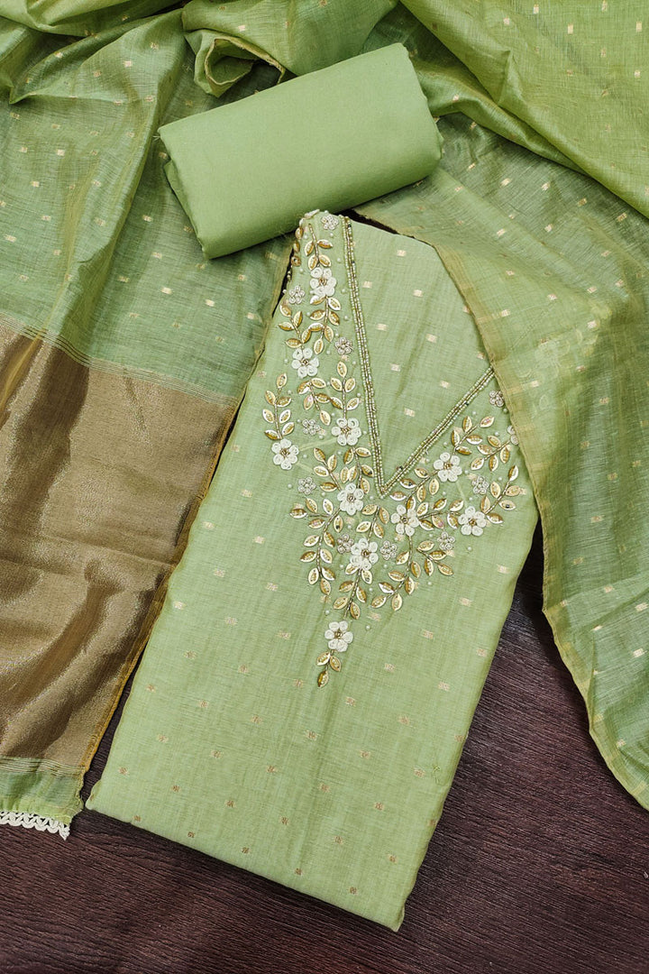 Festive Style Banarasi Cotton Green Salwar Suit With Hand Work