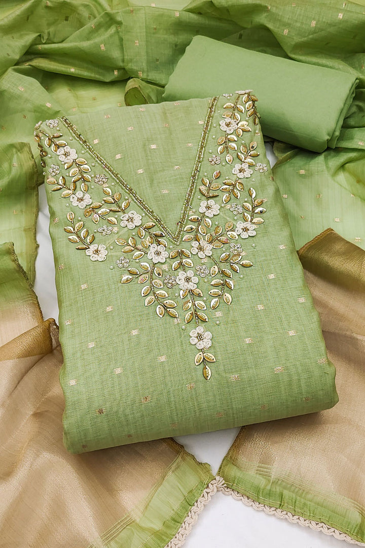 Festive Style Banarasi Cotton Green Salwar Suit With Hand Work