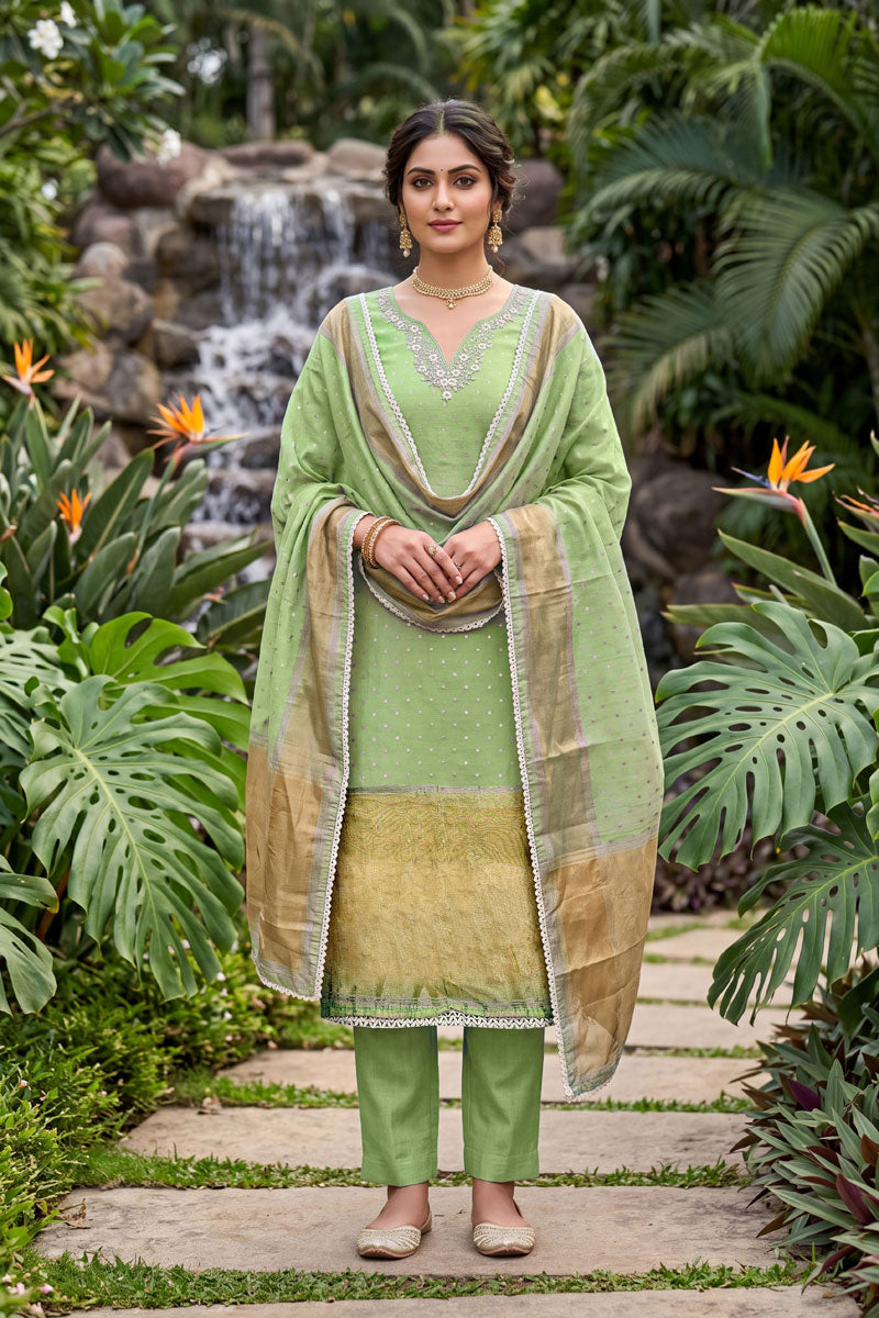 Festive Style Banarasi Cotton Green Salwar Suit With Hand Work