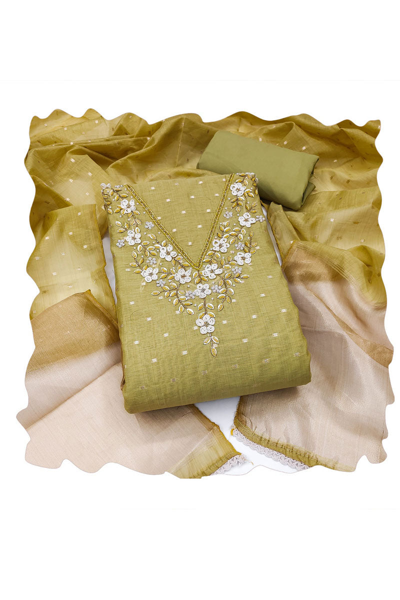 Olive Color Banarasi Cotton Engaging Salwar Suit For Festive