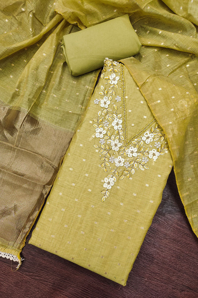 Olive Color Banarasi Cotton Engaging Salwar Suit For Festive