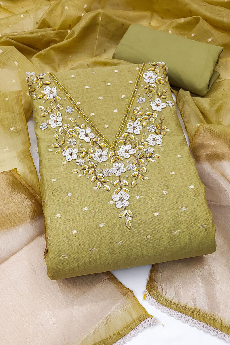 Olive Color Banarasi Cotton Engaging Salwar Suit For Festive