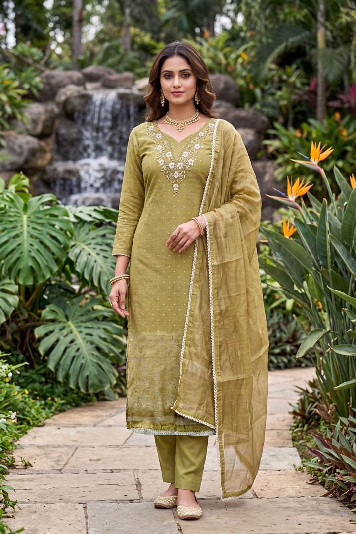 Olive Color Banarasi Cotton Engaging Salwar Suit For Festive