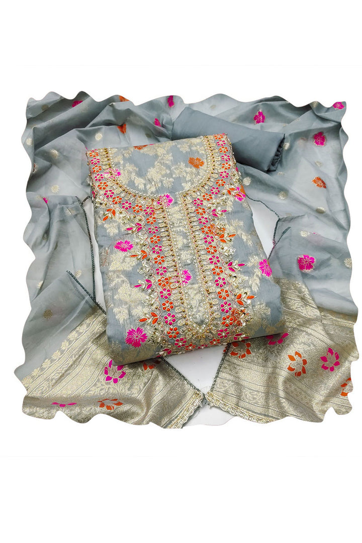 Hand Work On Grey Color Sober Salwar Suit In Banarasi Cotton
