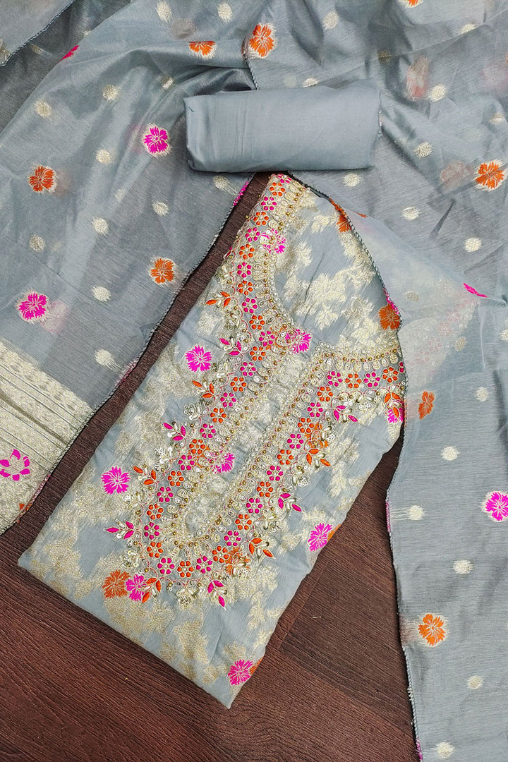 Hand Work On Grey Color Sober Salwar Suit In Banarasi Cotton