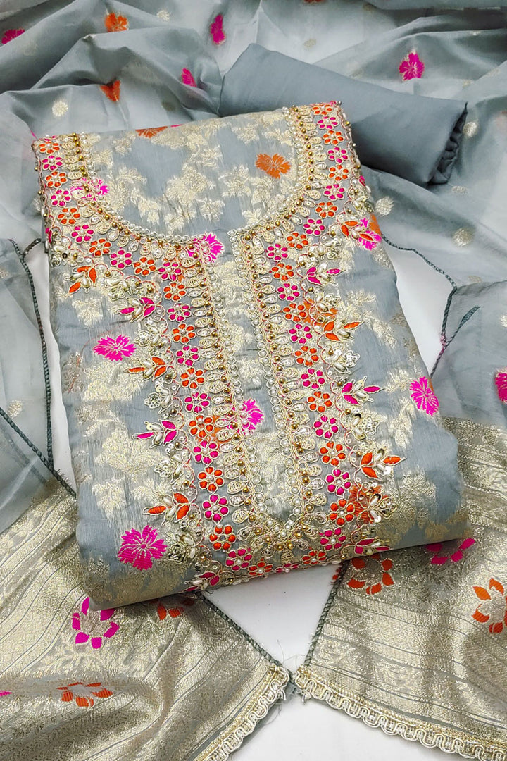 Hand Work On Grey Color Sober Salwar Suit In Banarasi Cotton