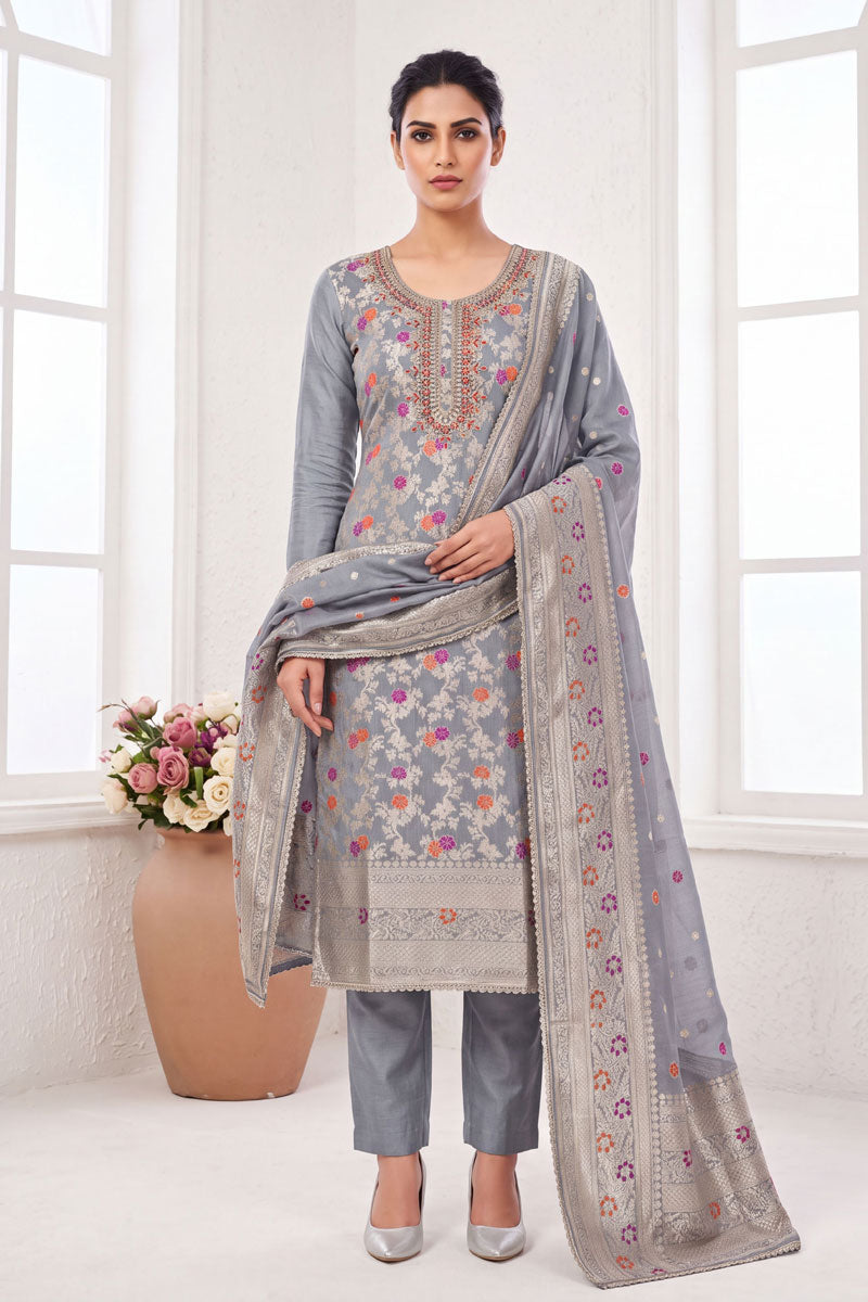 Hand Work On Grey Color Sober Salwar Suit In Banarasi Cotton