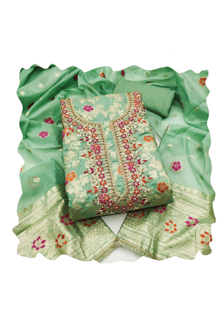 Hand Work On Sea Green Color Banarasi Cotton Salwar Suit