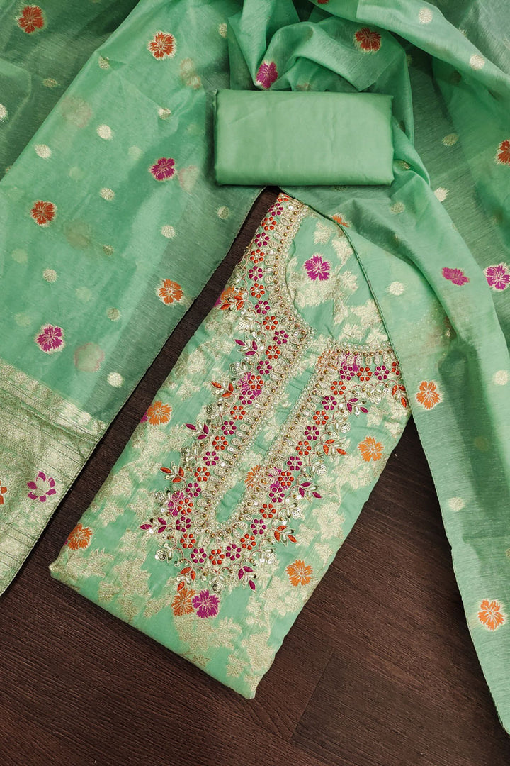 Hand Work On Sea Green Color Banarasi Cotton Salwar Suit