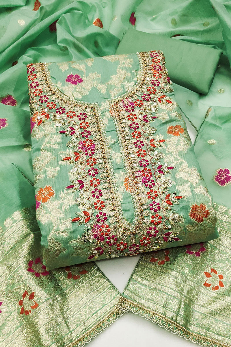 Hand Work On Sea Green Color Banarasi Cotton Salwar Suit