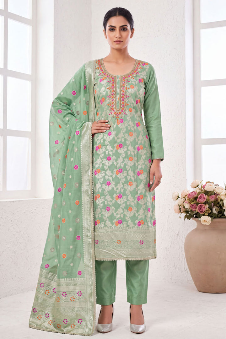Hand Work On Sea Green Color Banarasi Cotton Salwar Suit