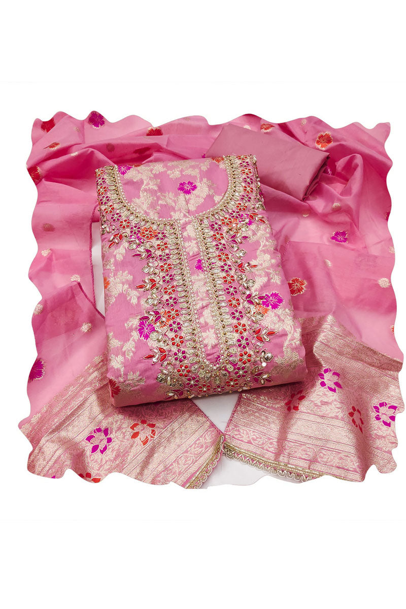 Festive Wear Banarasi Cotton Pink Hand Work Salwar Suit