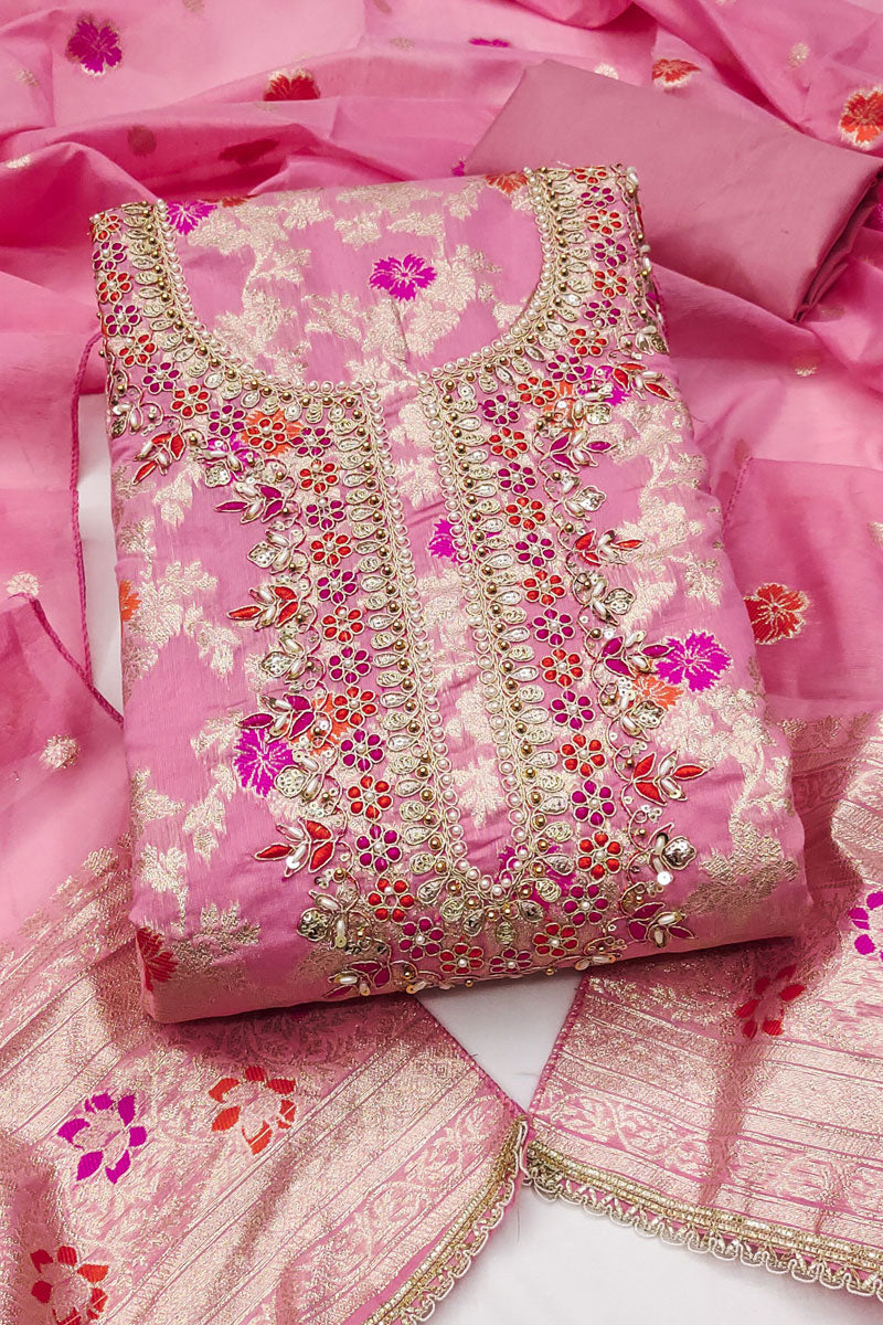 Festive Wear Banarasi Cotton Pink Hand Work Salwar Suit