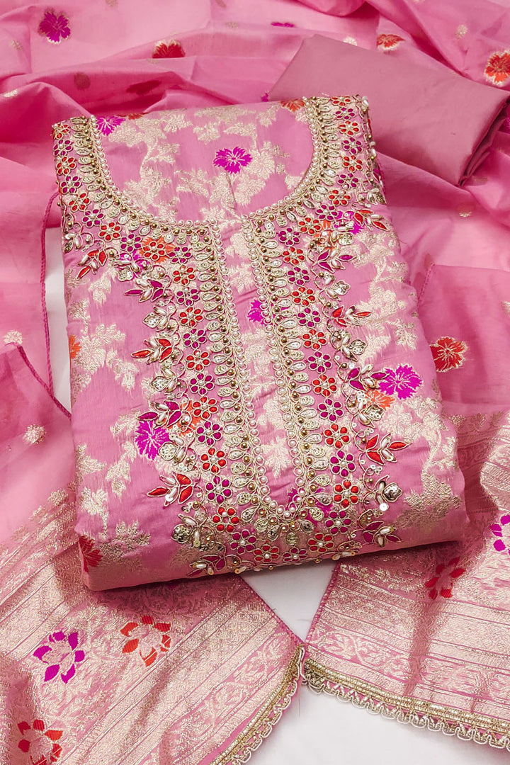 Festive Wear Banarasi Cotton Pink Hand Work Salwar Suit