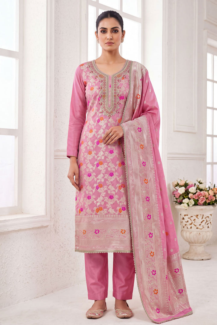 Festive Wear Banarasi Cotton Pink Hand Work Salwar Suit
