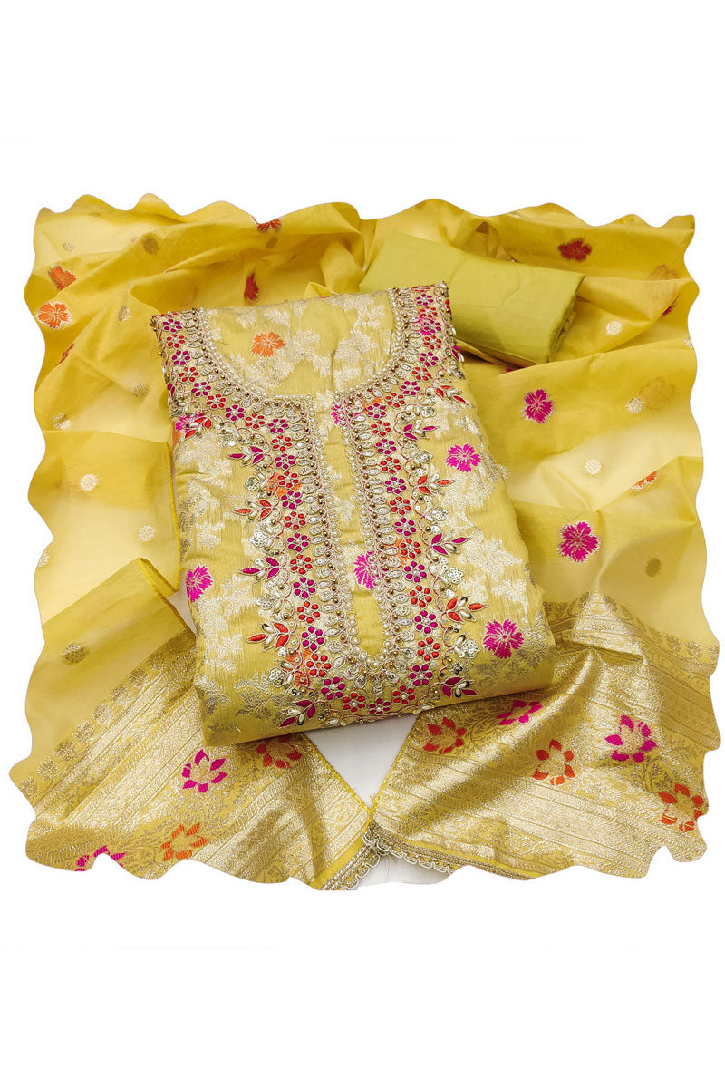Yellow Hand Work On Banarasi Cotton Stunning Salwar Suit