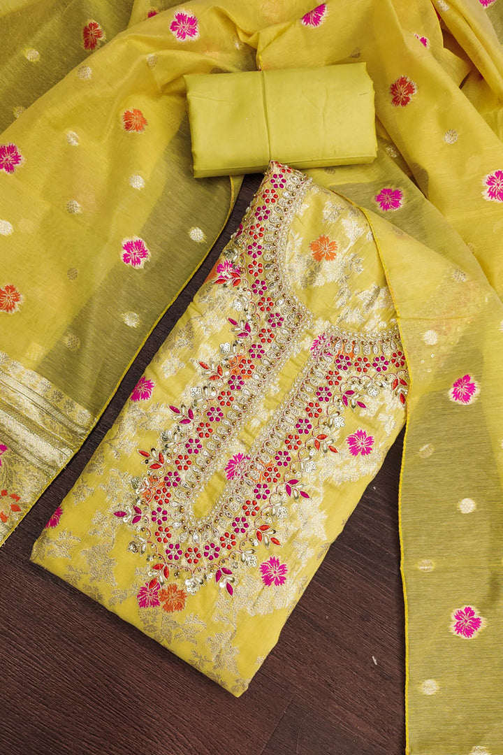 Yellow Hand Work On Banarasi Cotton Stunning Salwar Suit