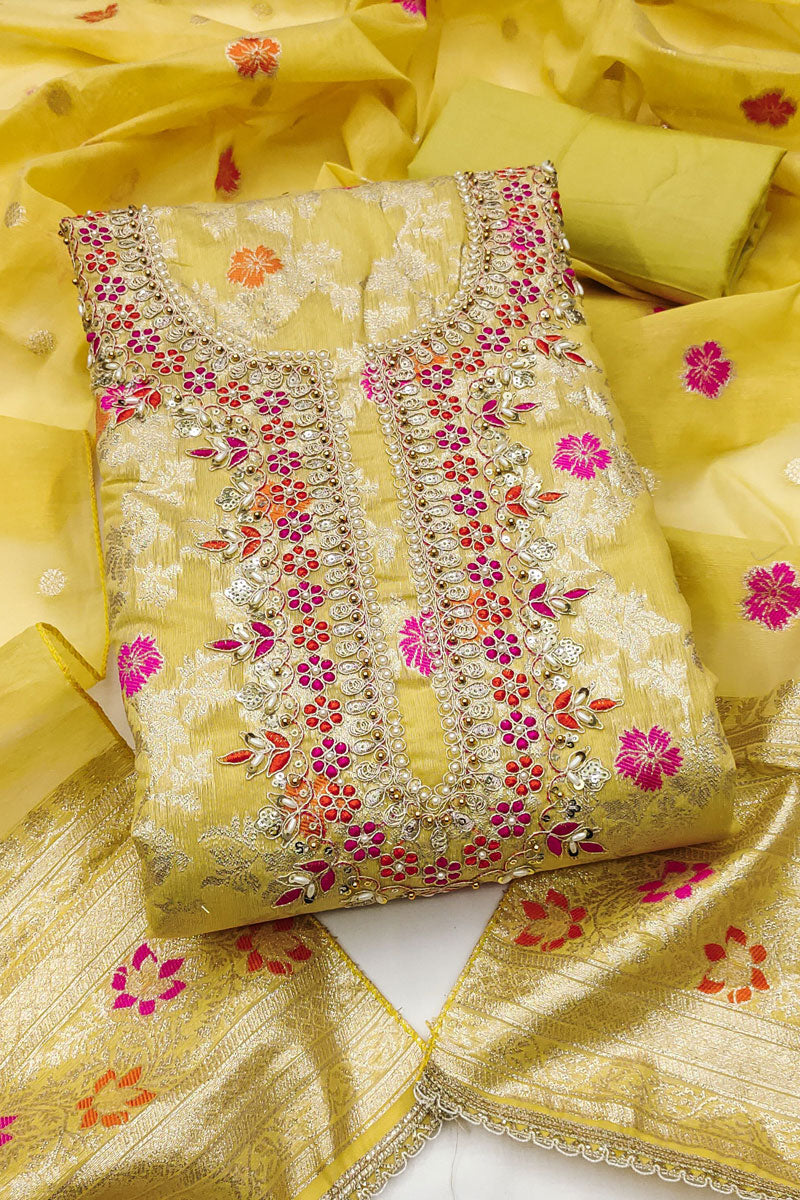 Yellow Hand Work On Banarasi Cotton Stunning Salwar Suit