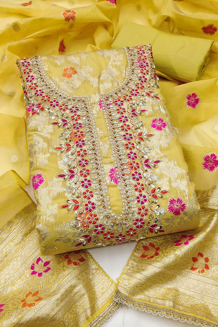 Yellow Hand Work On Banarasi Cotton Stunning Salwar Suit