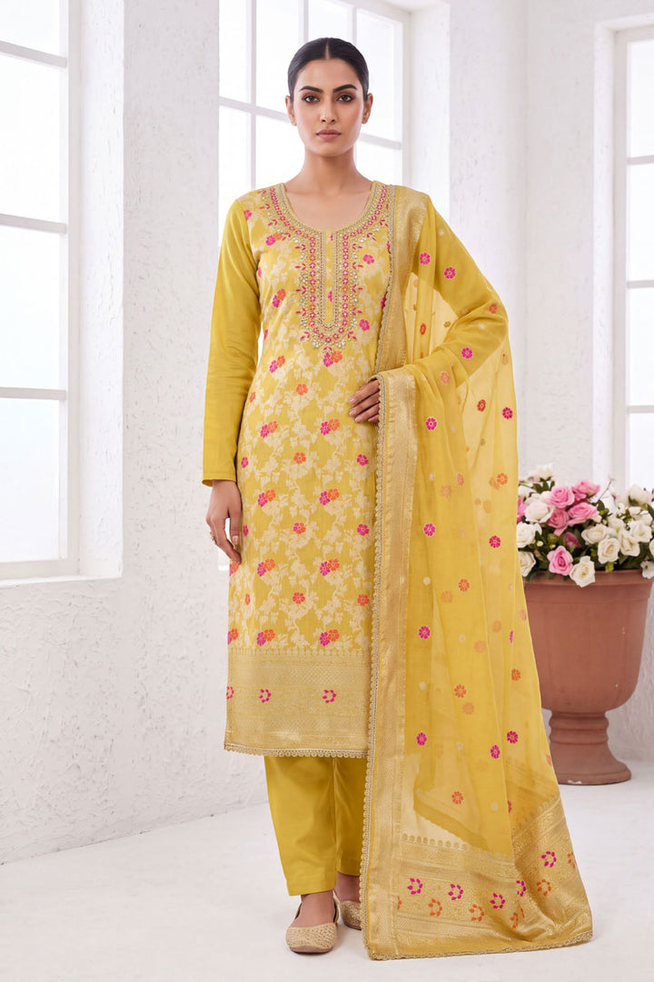 Yellow Hand Work On Banarasi Cotton Stunning Salwar Suit