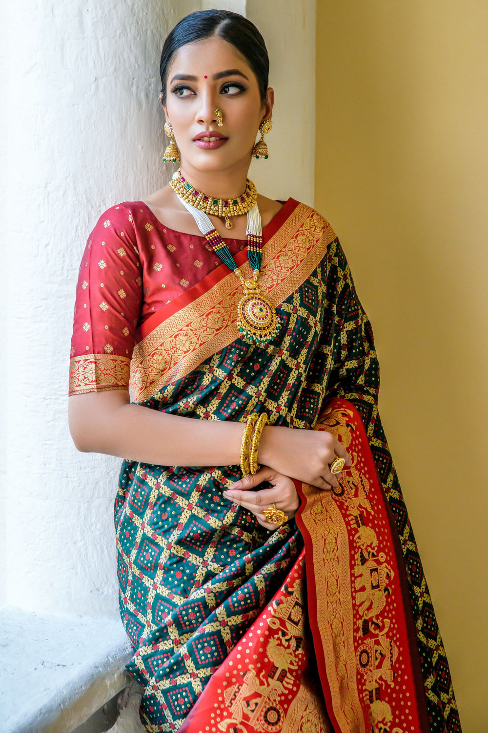 Attractive Dark Green Color Weaving Work Banarasi Silk Traditional Saree | Buy Online India