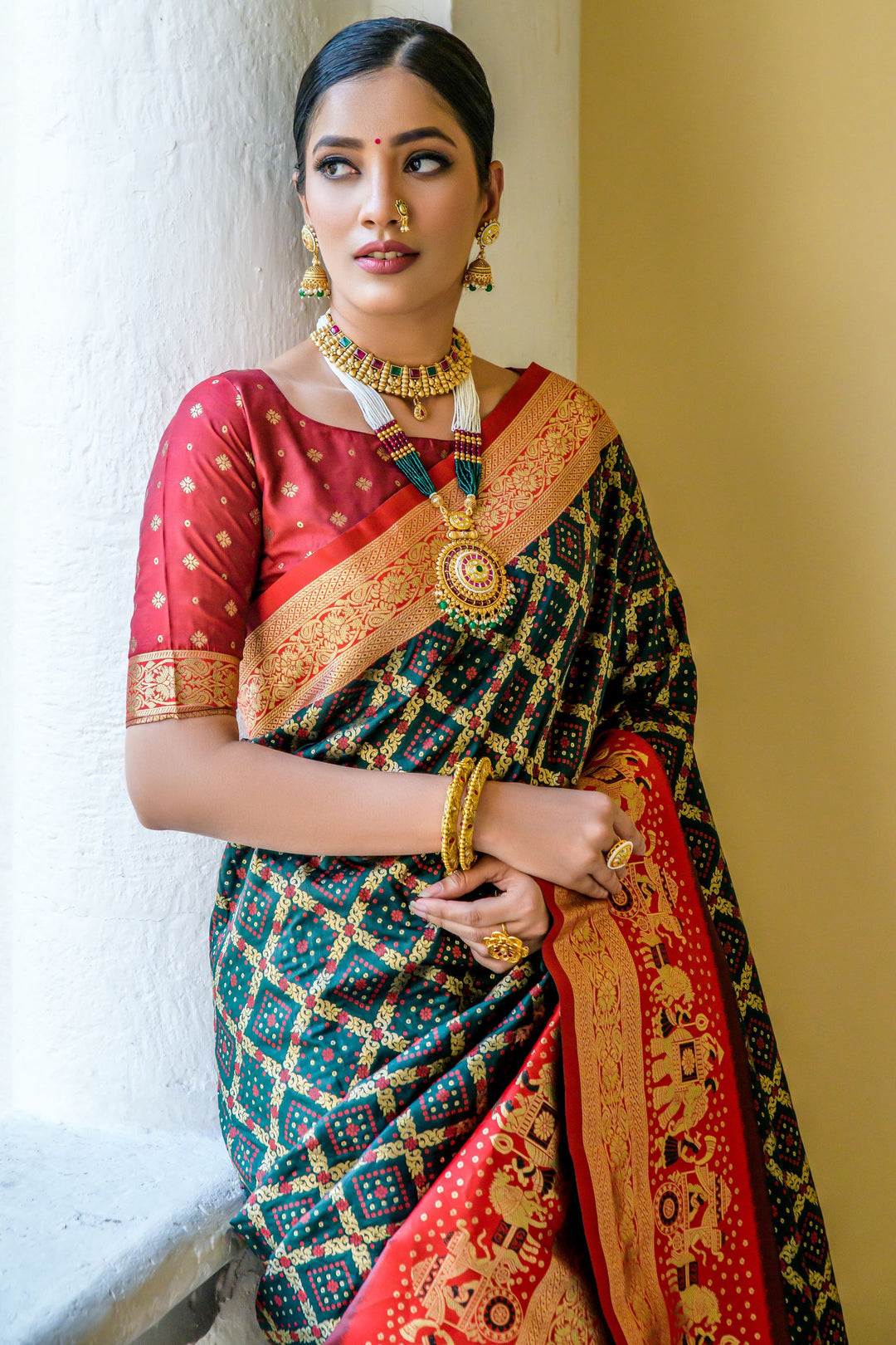 Attractive Dark Green Color Weaving Work Banarasi Silk Traditional Saree | Buy Online India