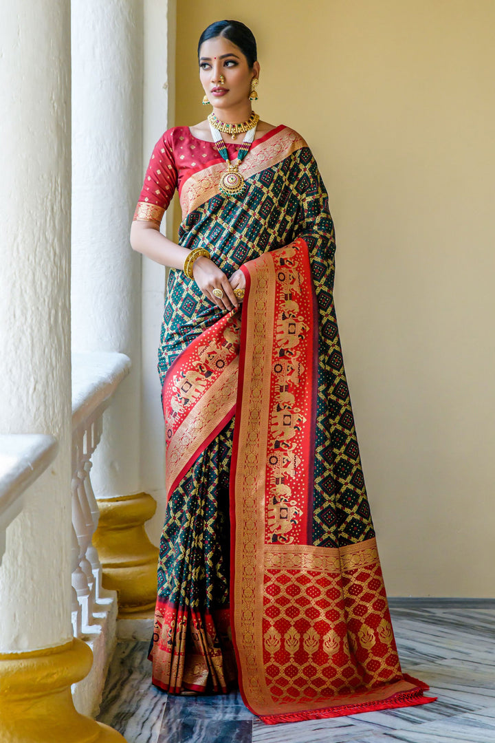 Attractive Dark Green Color Weaving Work Banarasi Silk Traditional Saree | Buy Online India