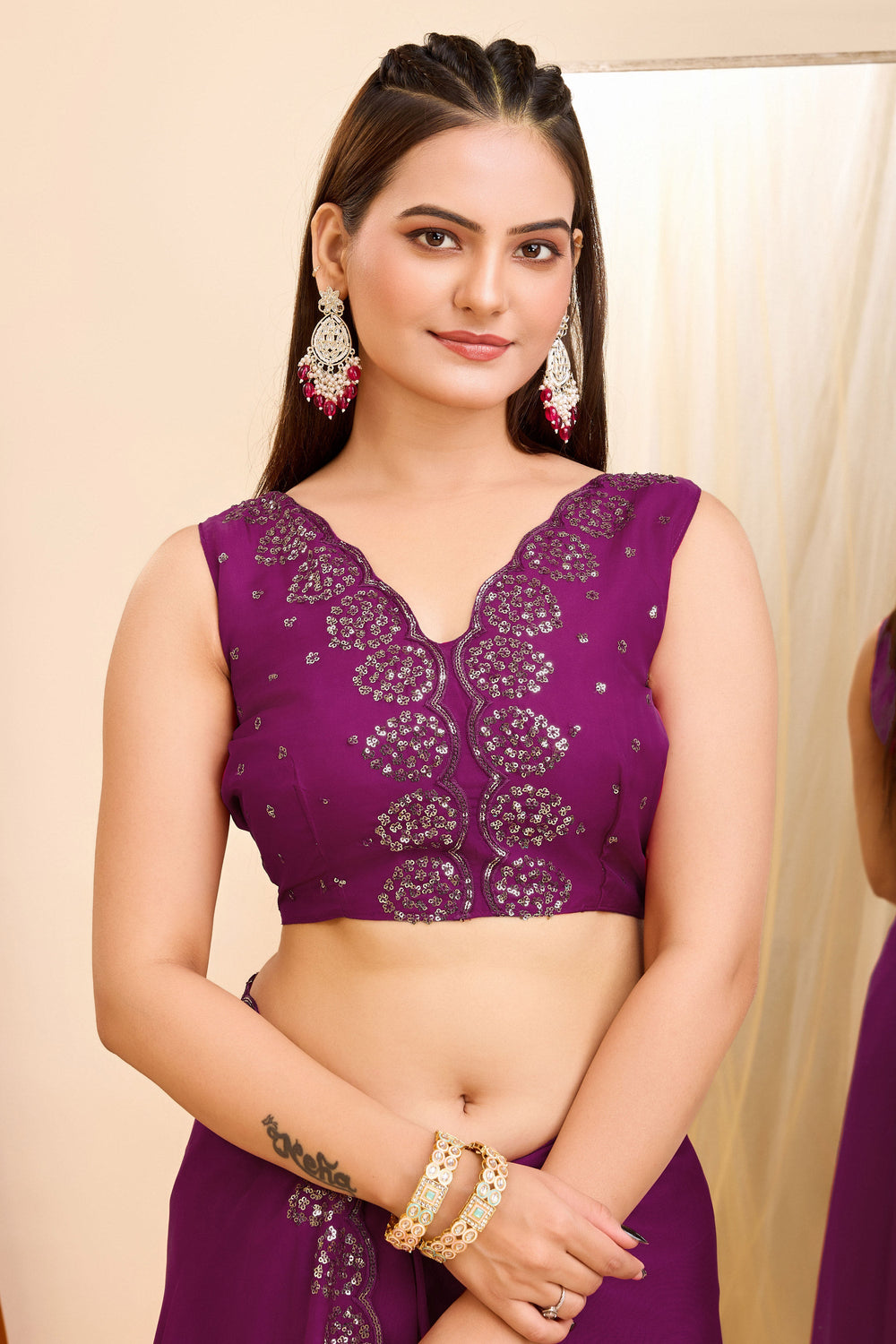 Blazing Wine Color Sequins Work Casual Wear Georgette Saree | Buy Online India