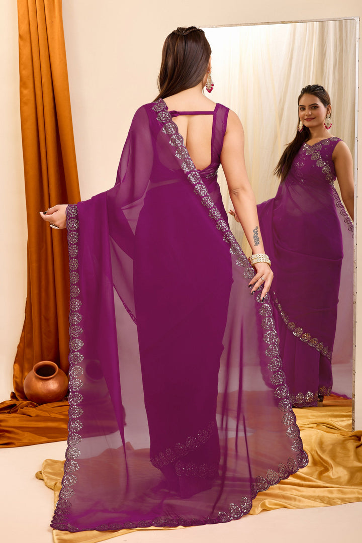Blazing Wine Color Sequins Work Casual Wear Georgette Saree | Buy Online India