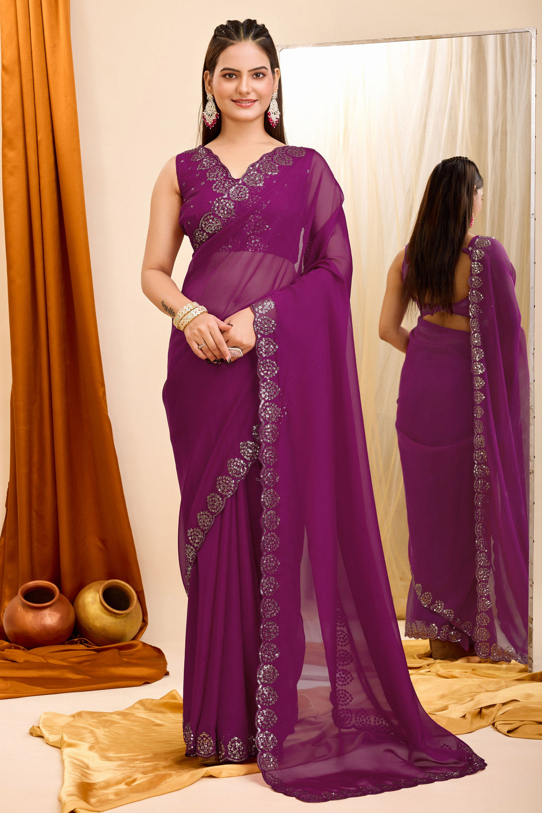 Blazing Wine Color Sequins Work Casual Wear Georgette Saree | Buy Online India