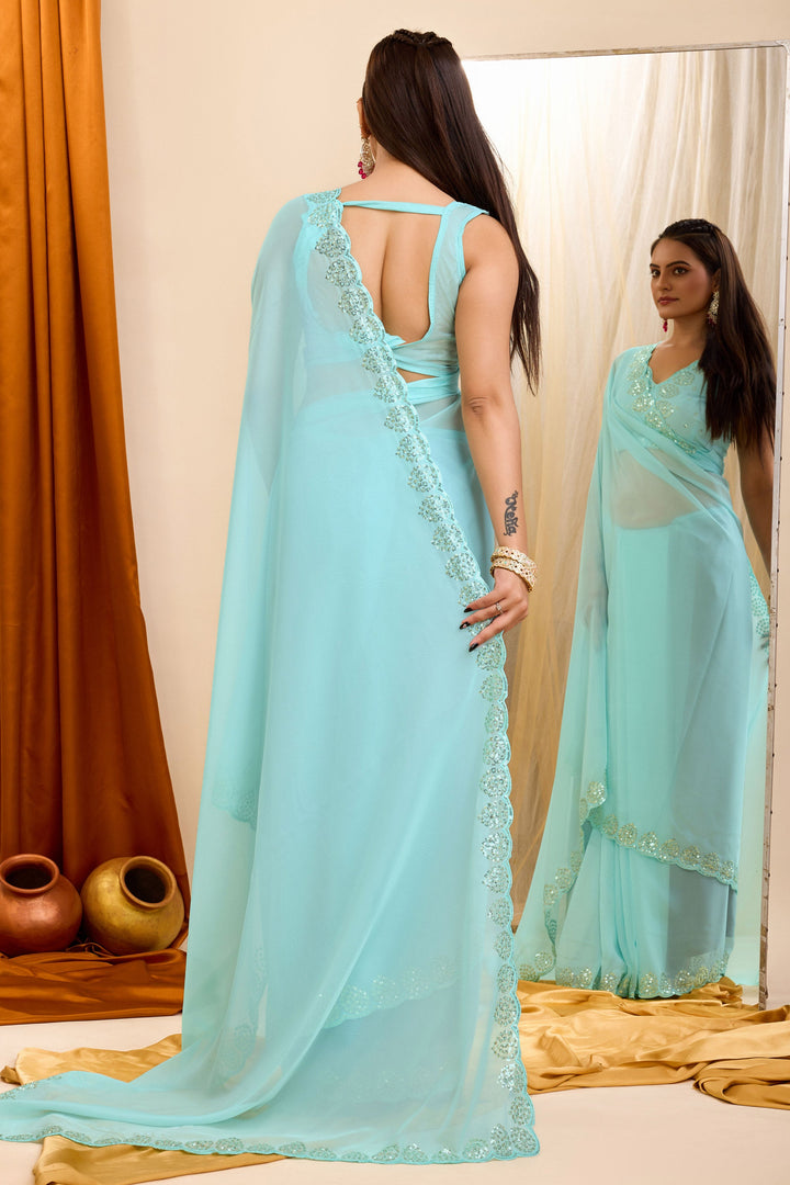 Sky Blue Color Sequins Work Glamorous Casual Wear Georgette Saree | Buy Online India