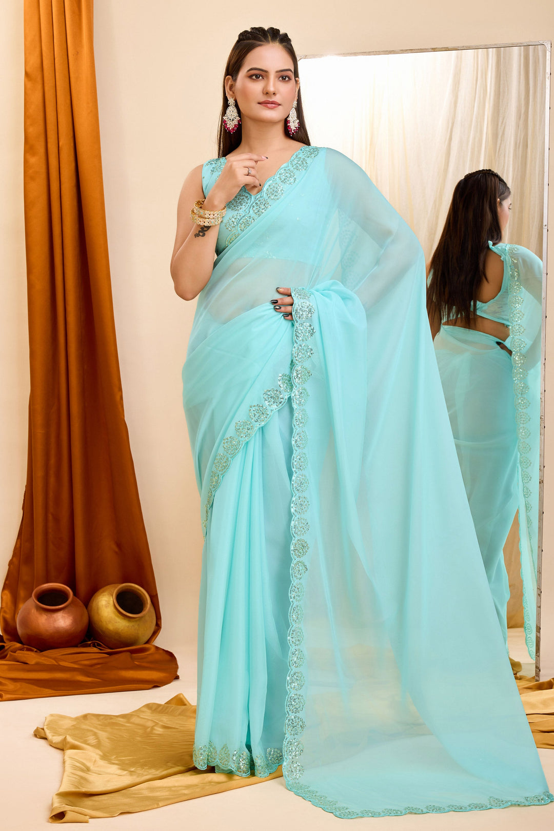 Sky Blue Color Sequins Work Glamorous Casual Wear Georgette Saree | Buy Online India