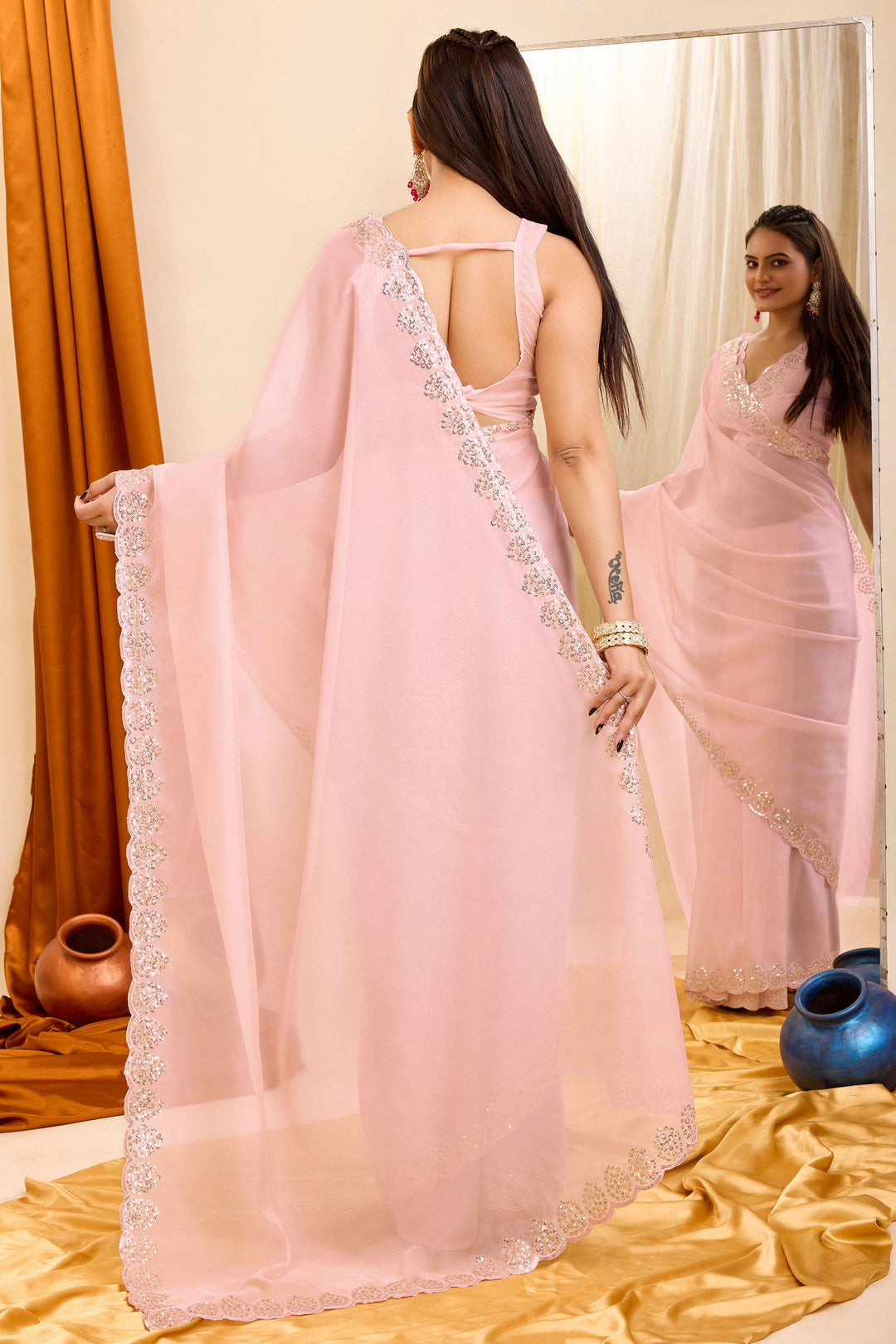 Peach Color Exquisite Sequins Work Casual Wear Georgette Saree | Buy Online India