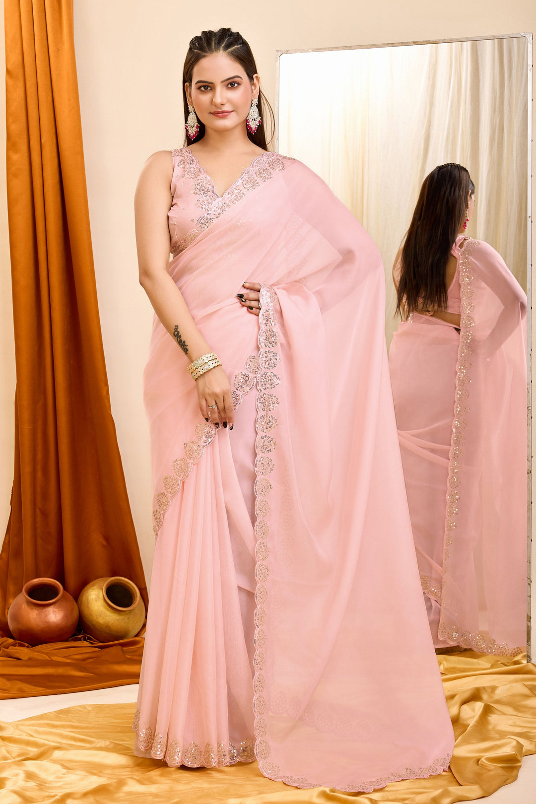Peach Color Exquisite Sequins Work Casual Wear Georgette Saree | Buy Online India
