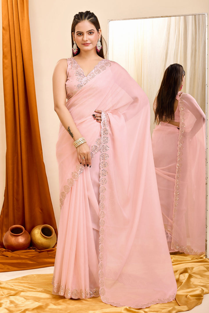 Peach Color Exquisite Sequins Work Casual Wear Georgette Saree | Buy Online India