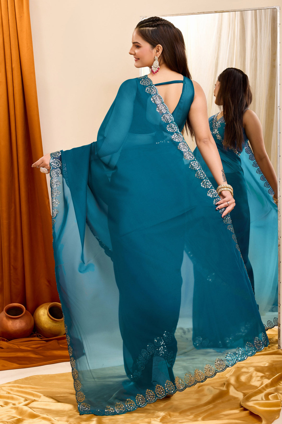 Sequins Work Attractive Casual Wear Georgette Saree In Teal Color | Buy Online India