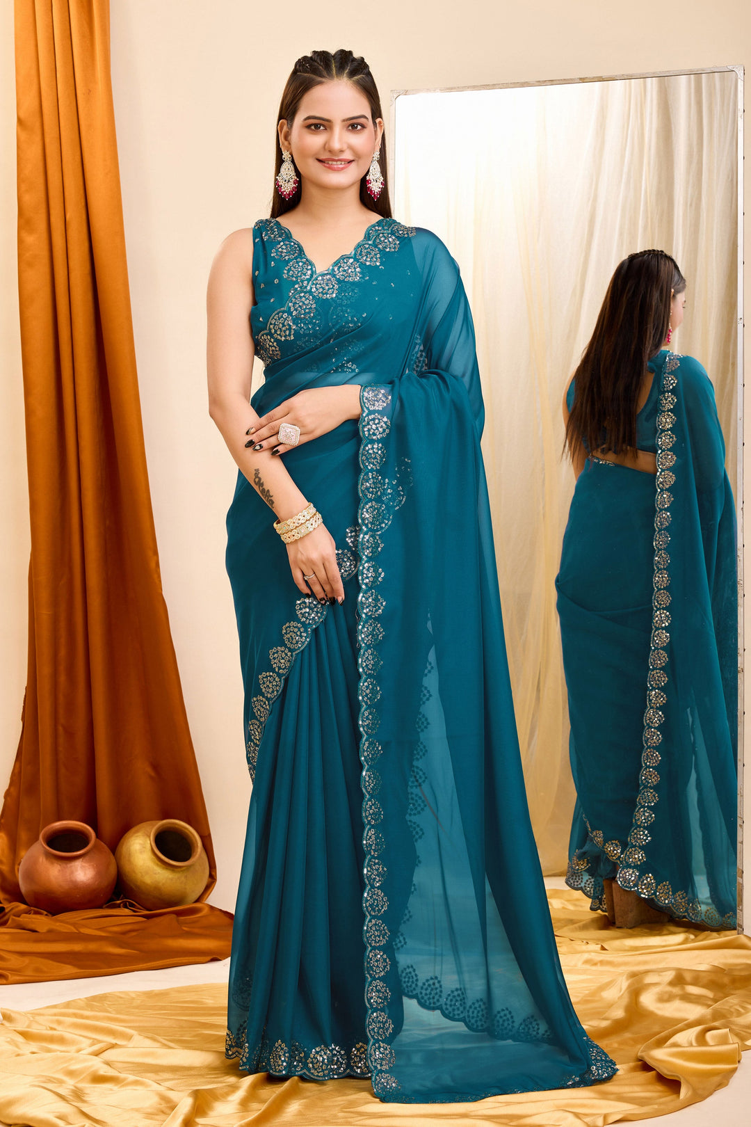Sequins Work Attractive Casual Wear Georgette Saree In Teal Color | Buy Online India