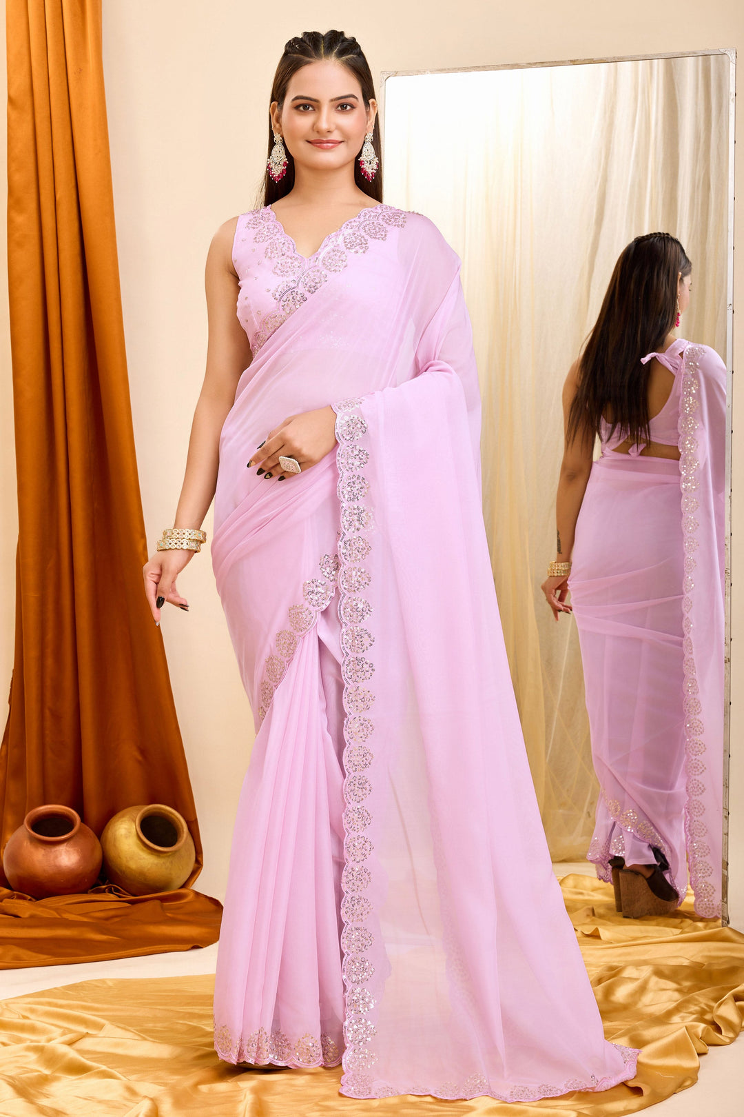 Alluring Pink Color Sequins Work Casual Wear Georgette Saree | Buy Online India