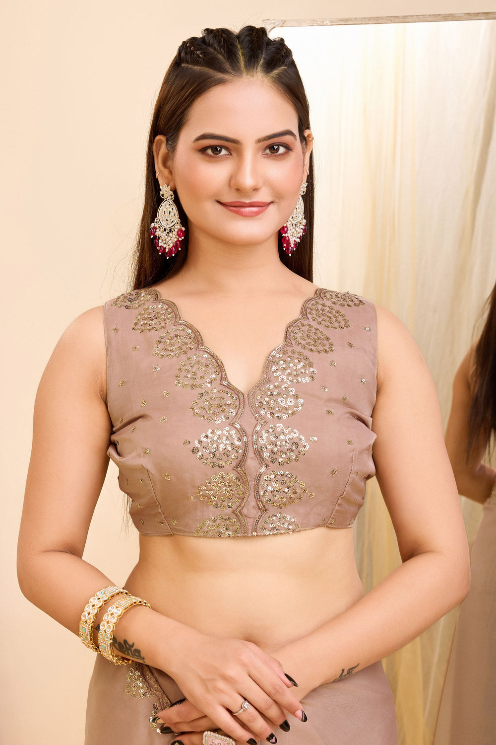 Brown Color Sequins Work Graceful Casual Wear Georgette Saree | Buy Online India